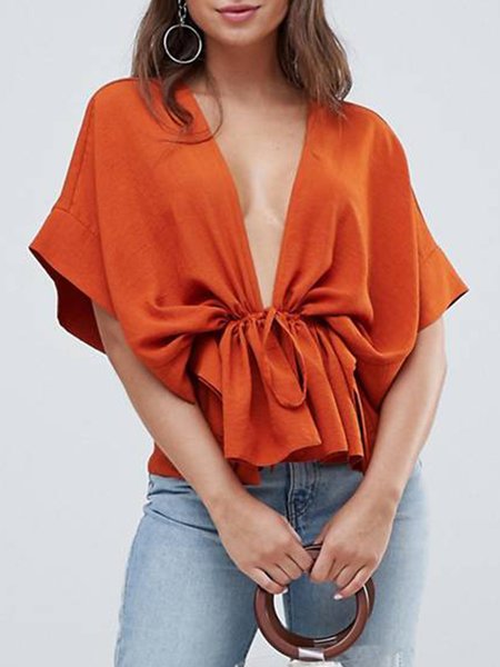 

Vacation Solid V Neck Short Sleeve Top, Orange red, Tops