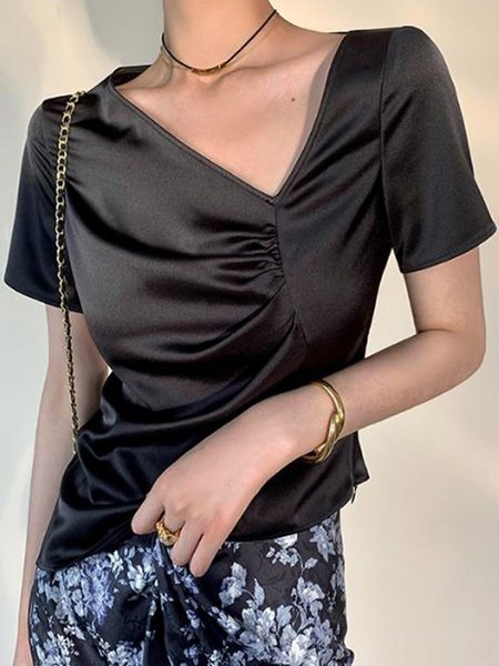 

Simple Asymmetrical Neck Satin Short Sleeve Top, Black, Tops