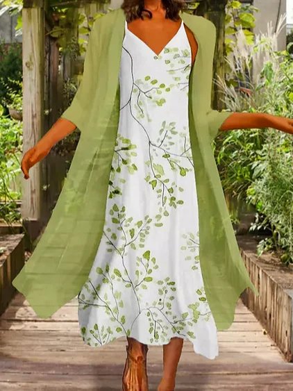

Two Piece Regular Fit Leaves Long Sleeve Women Dress, Green, Maxi Dresses