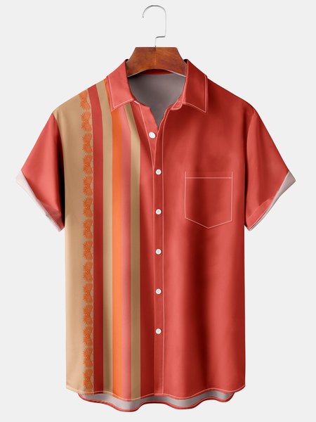 

Innovative Stripe Graphic Men's Casual Chest Pocket Short Sleeve Shirt, Orange red, Men's Floral shirt