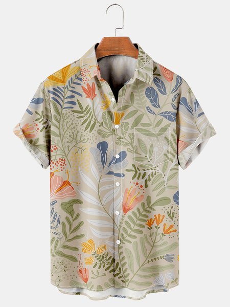 

Casual Style Culture Series Japanese Culture Flower Leaf Element Pattern Lapel Short-Sleeved Printed Shirt Top, Khaki, Men's Floral shirt