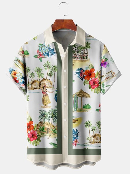 

Men's New Coconut Tree Casual Breathable Short Sleeve Hawaiian Shirt, Green, Men's Floral shirt