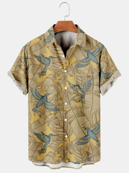 

Casual Style Culture Series Japanese Culture Flower Leaf Element Pattern Lapel Short-Sleeved Printed Shirt Top, Yellow, Men's Floral shirt