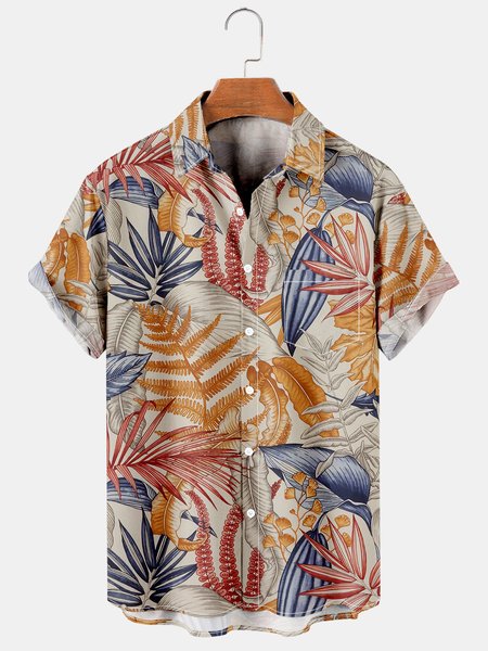 

Casual Style Culture Series Japanese Culture Flower Leaf Element Pattern Lapel Short-Sleeved Printed Shirt Top, Multicolor, Men's Floral shirt
