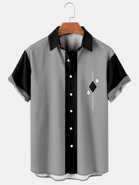 

Casual Art Collection Geometric Stripes Color Block Pattern Lapel Short Sleeve Print Shirt Top, Gray, Men's Floral shirt