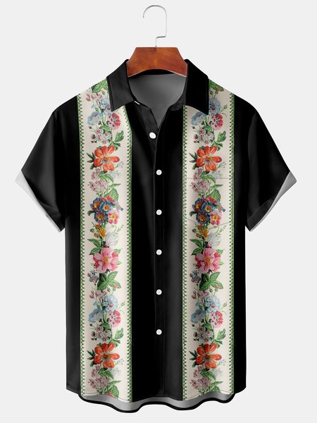 

Vintage Floral Graphic Men's Casual Chest Pocket Short Sleeve Shirt, Black, Men's Floral shirt