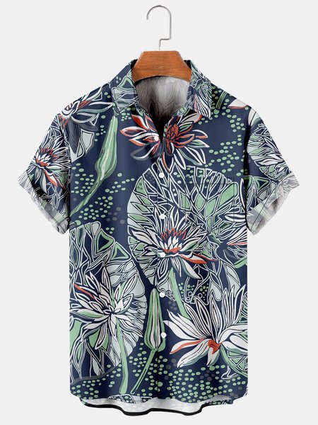 

Casual Style Culture Series Japanese Culture Flower Leaf Element Pattern Lapel Short-Sleeved Printed Shirt Top, Blue, Men's Floral shirt