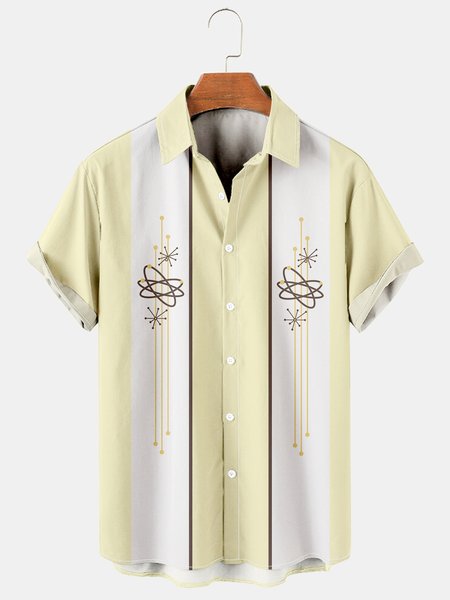 

Casual Art Series Striped Geometric Color Block Pattern Lapel Short Sleeve Print Shirt Top, Yellow, Men's Floral shirt