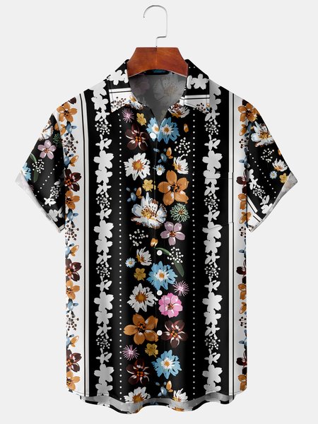 

Men's Art Floral Print Casual Breathable Hawaiian Short Sleeve Shirt, Black, Men's Floral shirt
