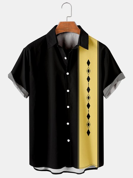 

Casual Art Collection Geometric Stripe Pattern Lapel Short Sleeve Print Shirt Top, Black, Men's Floral shirt