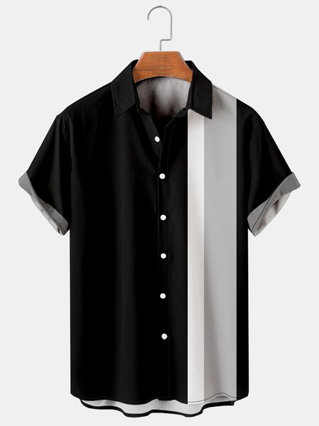 Casual Art Collection Geometric Stripe Pattern Lapel Short Sleeve Print Shirt Top, Black, Men's Floral shirt