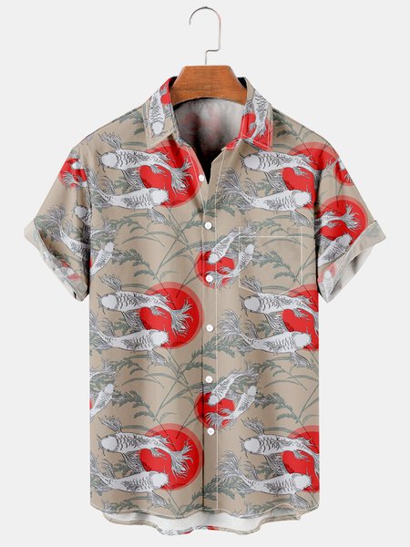 

Casual Style Culture Series Japanese Culture Koi Element Pattern Lapel Short-Sleeved Printed Shirt Top, Khaki, Men's Floral shirt