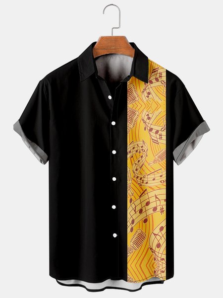 

Casual Music Collection Geometric Striped Note Element Pattern Lapel Short Sleeve Print Shirt Top, Black, Men's Floral shirt