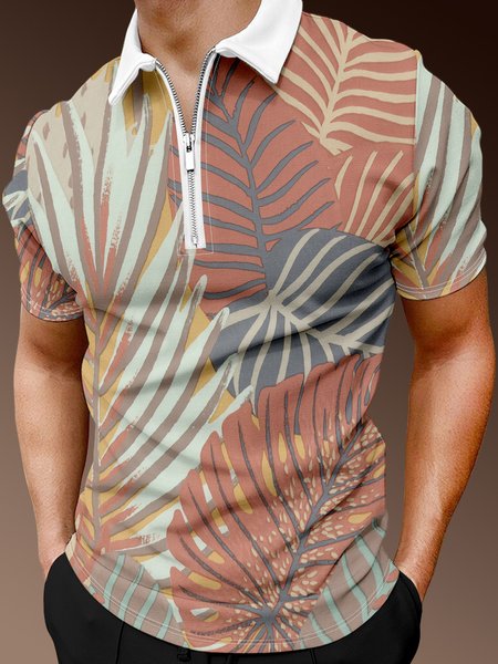 

Vacation Style Hawaiian Series Plant Leaf Element Lapel Short-Sleeved Polo Print Top, Brown, Men's t-shirts