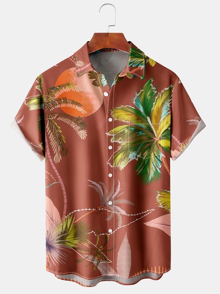 

Hawaiian Graphic Men's Casual Chest Pocket Short Sleeve Shirt, Deep red, Men's Floral shirt