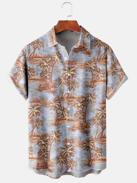 

Men's Beach Coconut Tree Print Casual Breathable Hawaiian Short Sleeve Shirt, As picture, Men's Floral shirt