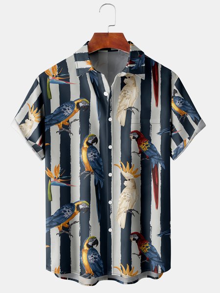 

Men's Parrot Print Casual Breathable Hawaiian Short Sleeve Shirt, Blue, Men's Floral shirt