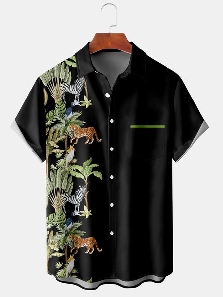 

Hawaiian Graphic Men's Casual Chest Pocket Short Sleeve Shirt, Black, Men's Floral shirt