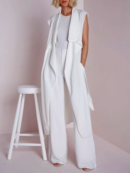 

Loosen Lapel Plain Simple Daily Vest, White, Kimonos