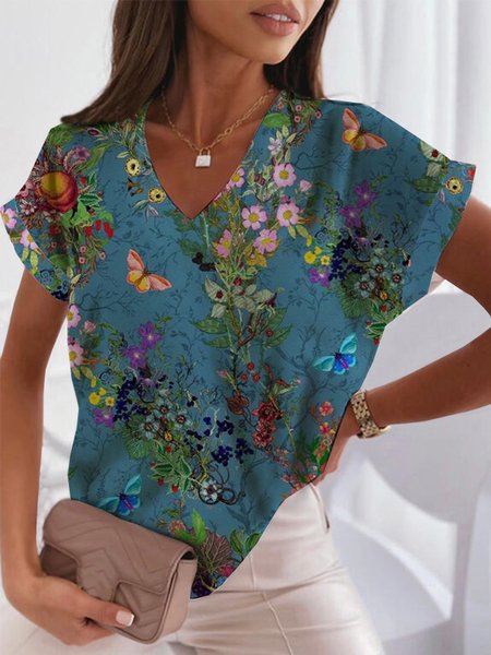 

V Neck Casual Short Sleeve Tops, Flower, Tops