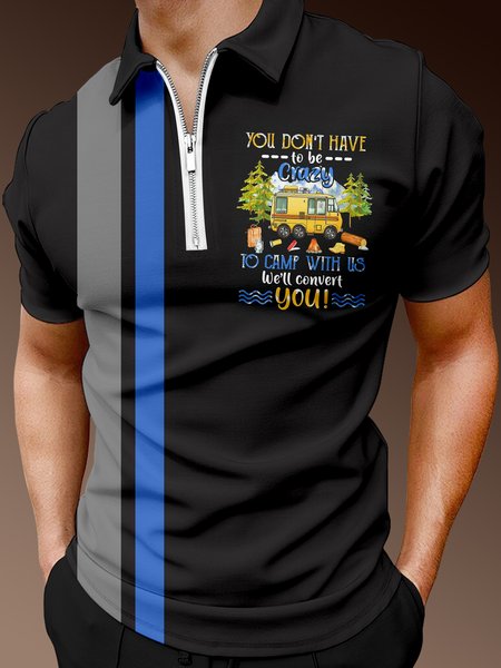 

Casual Outdoor Collection Explore Camping Elements Lapel Short Sleeve Polo Print Top, Black, Men's t-shirts