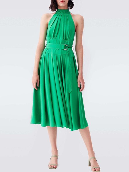 

Regular Fit Plain Sleeveless Woven Midi Dress, Green, Midi Dresses