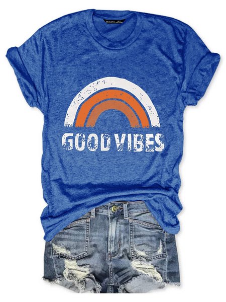 

Good Vibes Cotton Blends Loosen Short Sleeve T-Shirt, Blue, T-shirts