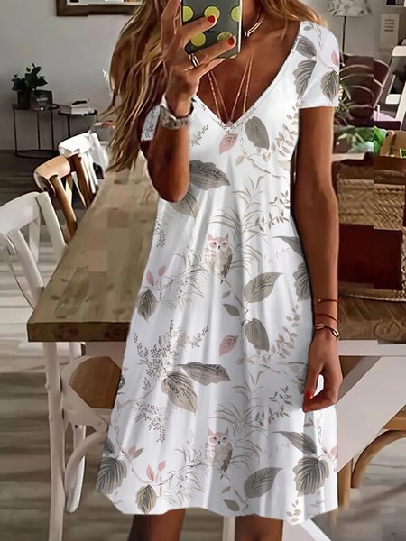

V neck Regular Fit Vacation short sleeve Floral Short sleeve Knit Dress, White, Mini Dresses