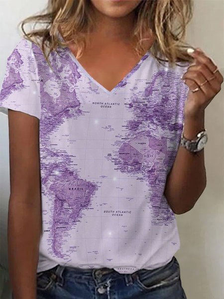 

Map Printed Vacation Casual Short Sleeve V-neck T-Shirt, Purple, T-Shirts