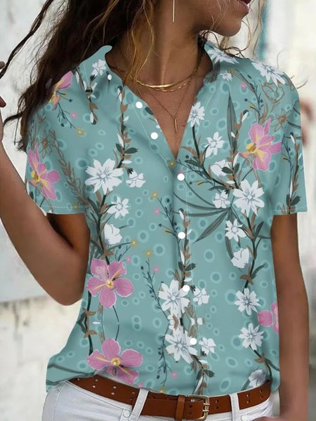 

Shirt Collar Floral Loosen Short Sleeve Blouse, Cyan, Blouses