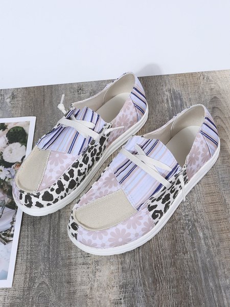 Striped Leopard Print Floral Panel Canvas Flats, As picture, Flat & Loafers