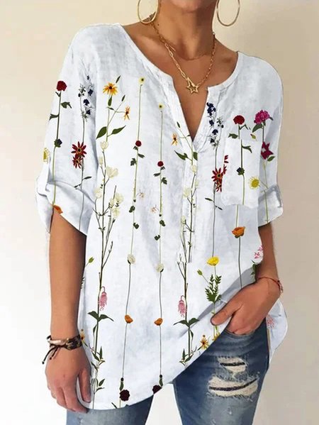 Pockets Casual Floral V Neck Blouse, White, Tunics