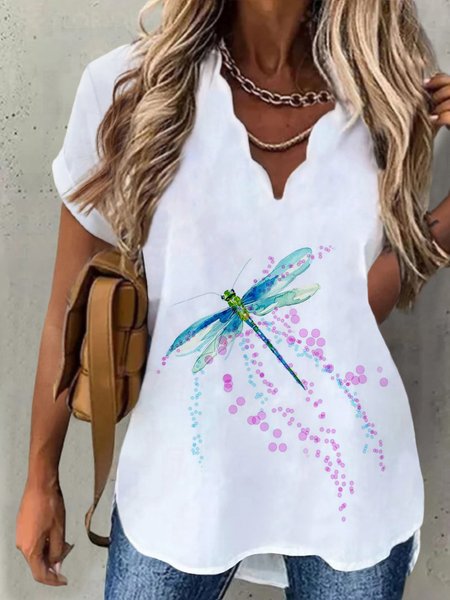 

Casual Dragonfly Short Sleeve V Neck Plus Size Printed Tops, White, Tops