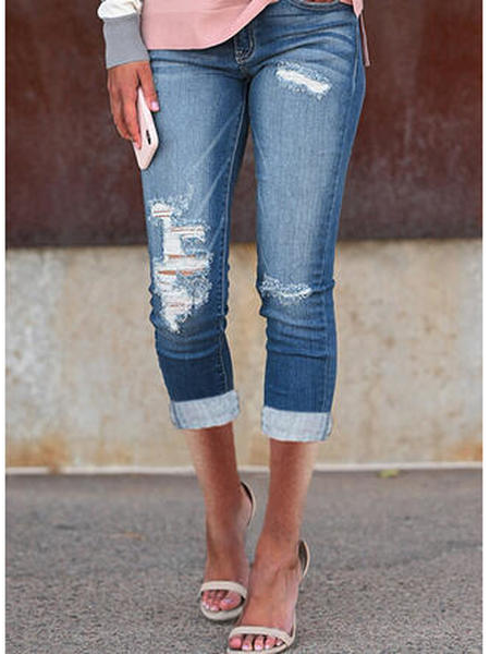 

Mid Waist Solid Shirred Ripped Denim Straight Leg Denim Jeans, Blue, Jeans