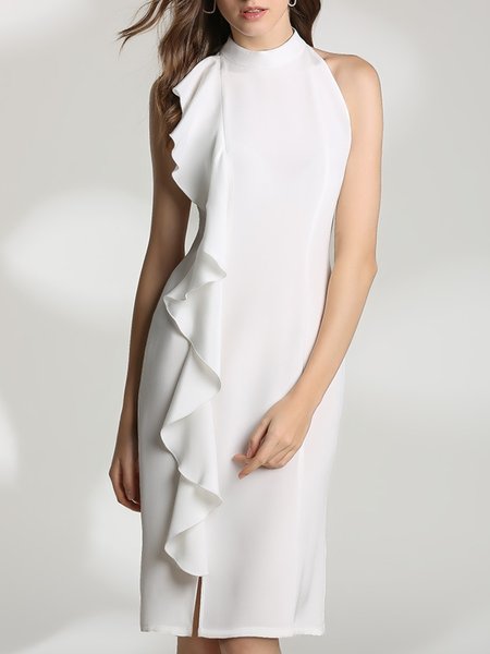 

Regular Fit Halter Elegant Sleeveless Knitting Dress, White, Midi Dresses