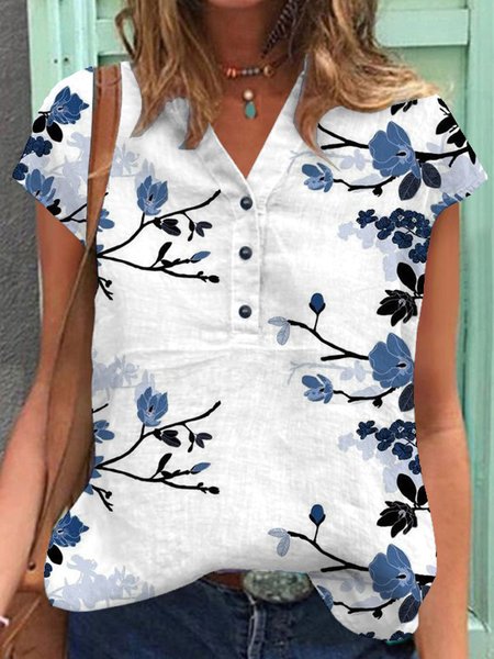 

Buttoned Floral Short Sleeve Blouse, White, Blouses & Shirts