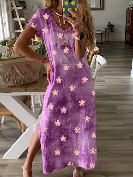 

Tie Dye Crew Neck Floral Short Sleeve Knit Dress, Purple, Dresses