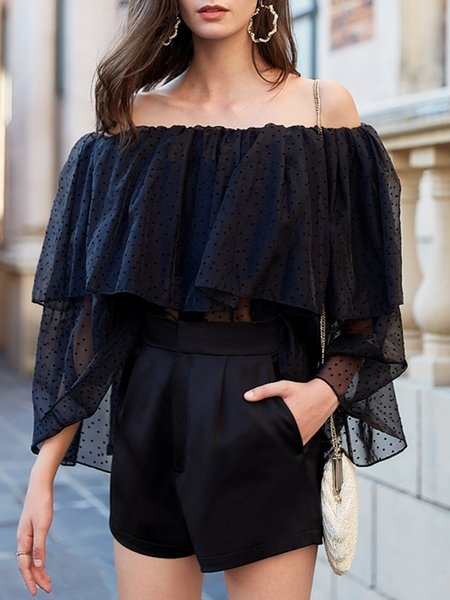 

Off The Shoulder Elegant Short Sleeve Top, Black, Tops