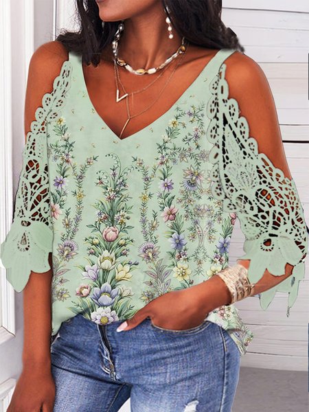 

JFN Cold Shoulders Floral Lace Vacation Blouse, Green, Shirts & Blouses