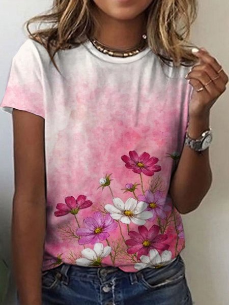 

Casual Crew Neck Loosen Floral Short Sleeve T-Shirt, Pink, T-Shirts