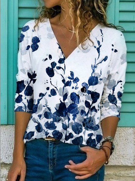 

Long Sleeve Casual Floral Top, White, Shirts