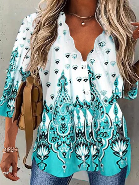 

Buttoned Tribal Casual Short Sleeve Blouse, Green, Blouses & Shirts