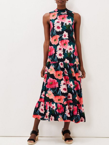 Vacation Stand Collar Loosen Sleeveless Woven Dress, As picture, Maxi Dresses