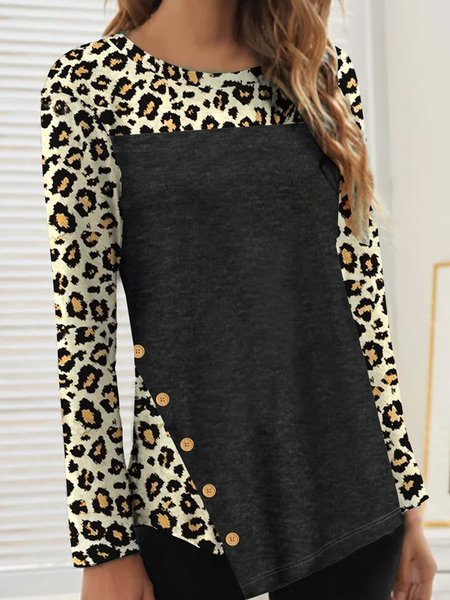 

Long sleeve round neck black stitched leopard t-shirt t-shirt female, Long sleeve tops