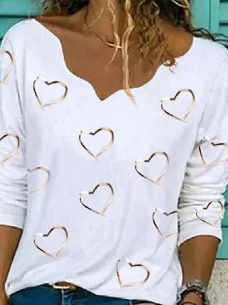 Loosen Heart Printed Sweet Long Sleeves Tops, White, Tops