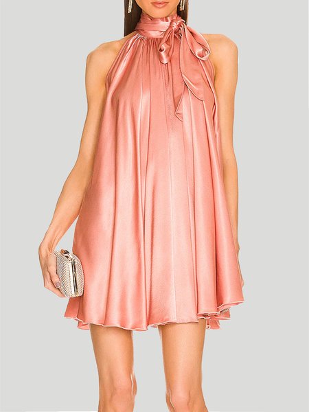 

Tie Neck Vacation Woven Dress, Pink, Mini Dresses