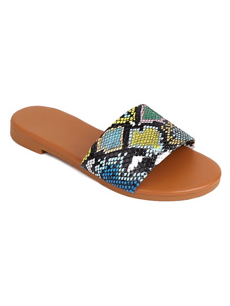 

Black White Green Snake Print Simple Flat Slippers, Sandals