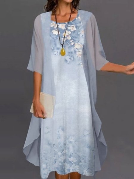 

Casual Floral Sleeveless Round Neck Printed Dress With Three Quarter Coats, Blue, Suit Set