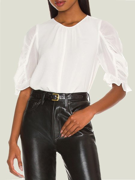 Simple Chiffon Ruffle Sleeve Short Sleeve Top, White, Tops