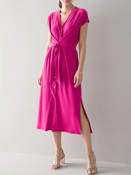 

V Neck Elegant Solid Short Sleeve Knit Dress, Rose red, Midi Dresses